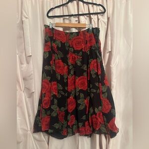 100% silk chiffon circle full midi skirt roses black red 16 Nine West